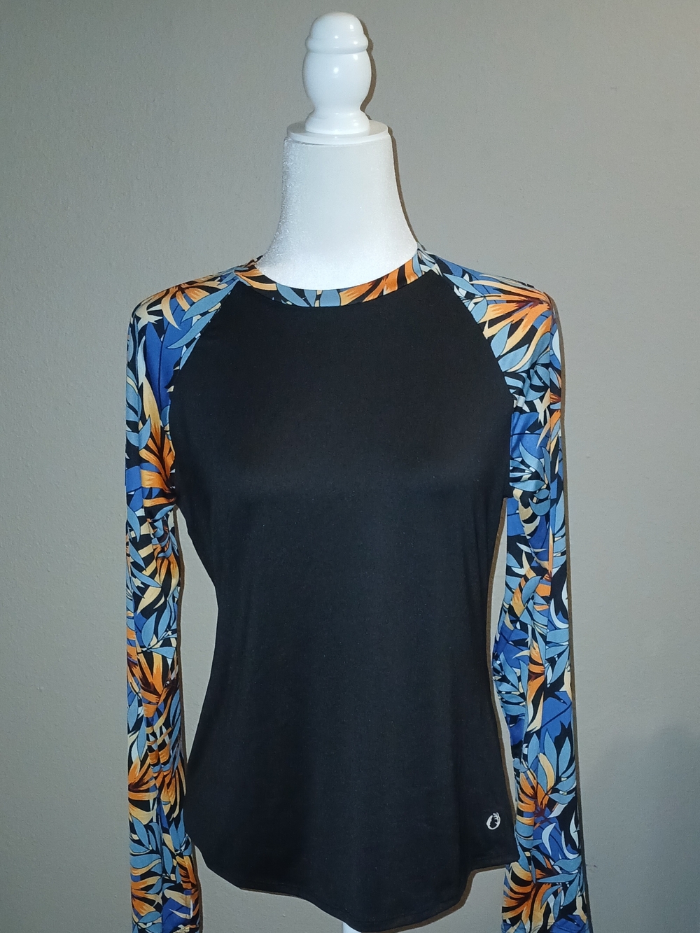 Black Raglan Long Sleeve Top with Blue & Orange Floral Sleeves